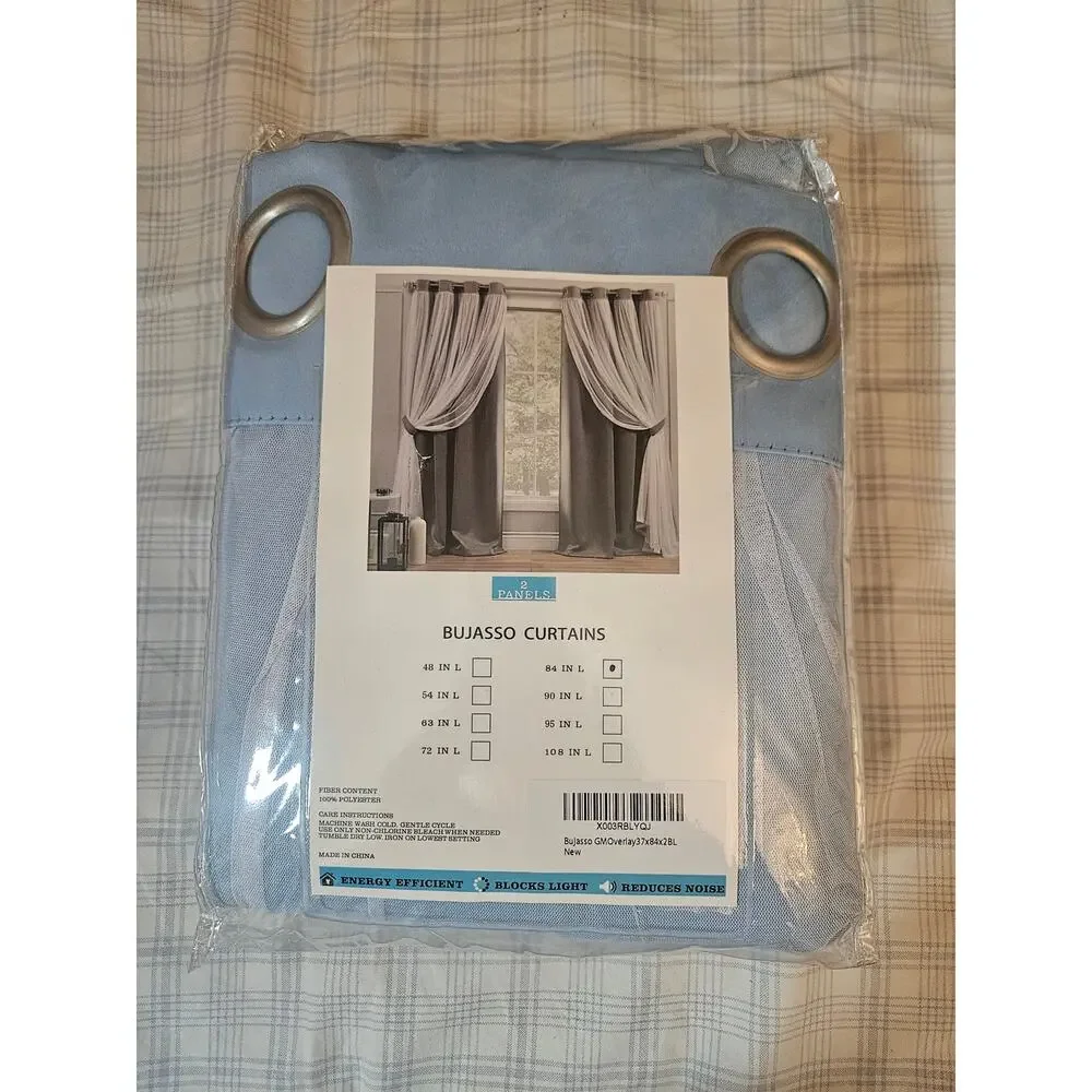 NEW Bujasso Double Layer 80% Blackout Curtains with Sheer Overlay, Sky Blue 84